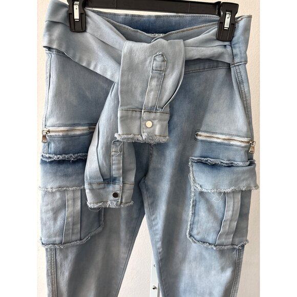 Y2K Cargo Jogger Jeans  L Light Wash Denim Utility Shirt Tie Waist Pockets Edgy - Picture 11 of 14